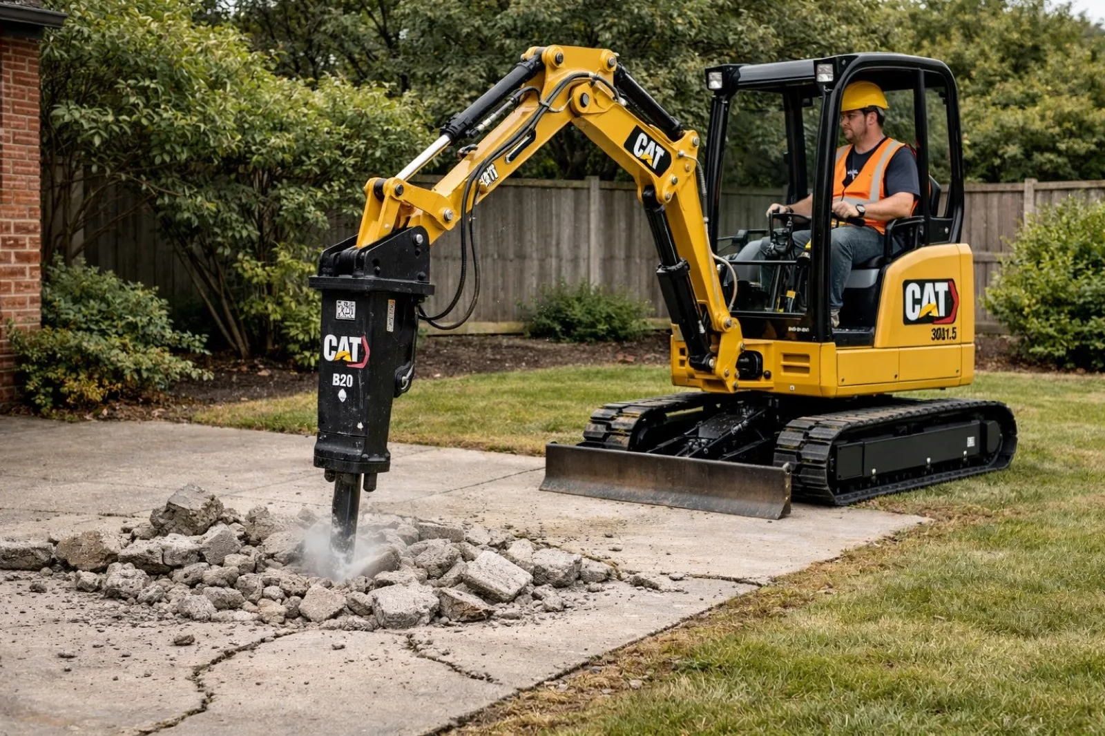 Mini excavator with a breaker attachment breaking up a concrete driveway